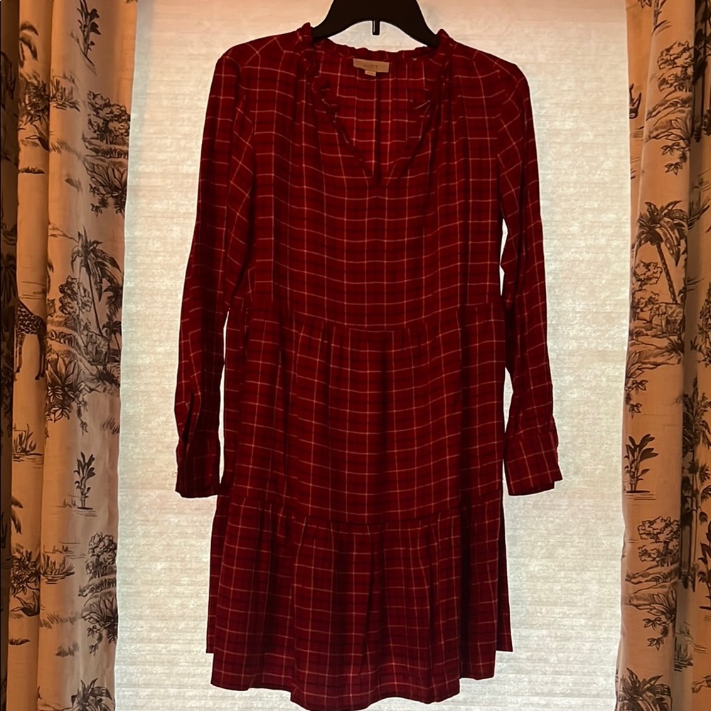 LOFT Red Checkered Long Sleeve Dress